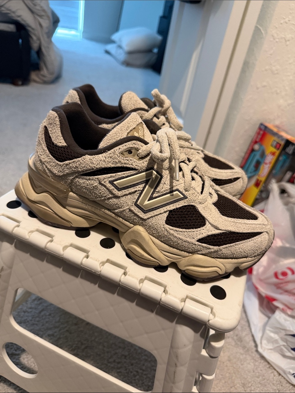 New Balance Beige and Dark Brown Trail Runner Sneakers